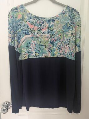 Lilly Pulitzer Navy and Pastel Floral Block-Print Long Sleeve Top